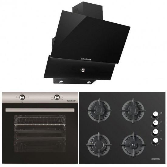 Pachete incorporabile HAUSBERG cuptor HB-8051IN, Electric, 2000 W, 76 l, 4 Functii, Clasa A, Plita HB-567NG, Gaz, 4 arzatoare, siguranta GAZ, fonta, Sticla, Hota decorativa HB-2285NG, 60 cm, Filtru aluminiu, Negru/Inox