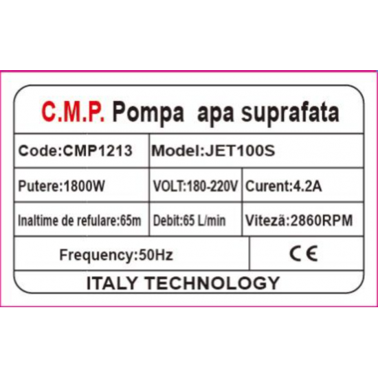 Pompa de Apa de Suprafata CMP1213 JET100S 1800W, Debit 65L/min, Inaltime de Refulare 65m