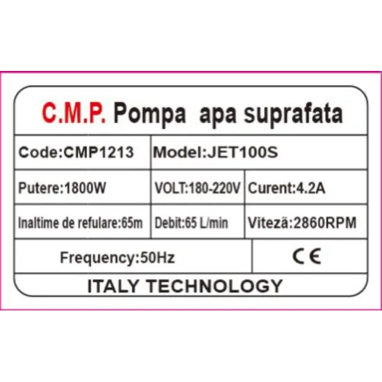 Pompa de Apa de Suprafata CMP1213 JET100S 1800W, Debit 65L/min, Inaltime de Refulare 65m