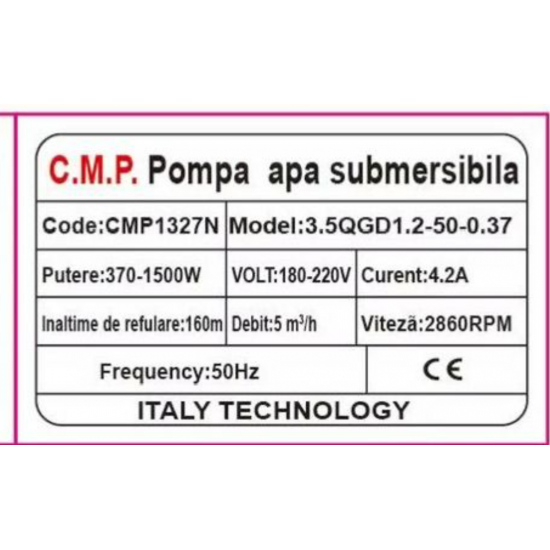 Pompa de apa submersibila Campion 3.5QGD1.2-50-0.37  inaltime de refulare 160m ,Debit 5 m³/h, putere 1500w cmp 1327N
