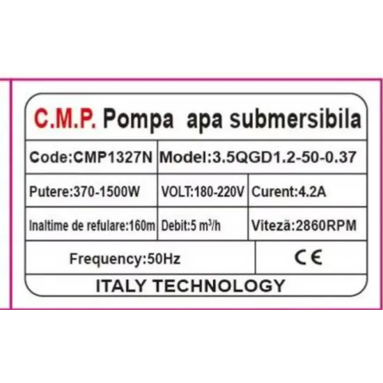 Pompa de apa submersibila Campion 3.5QGD1.2-50-0.37 inaltime de refulare 160m ,Debit 5 m³/h, putere 1500w cmp 1327N