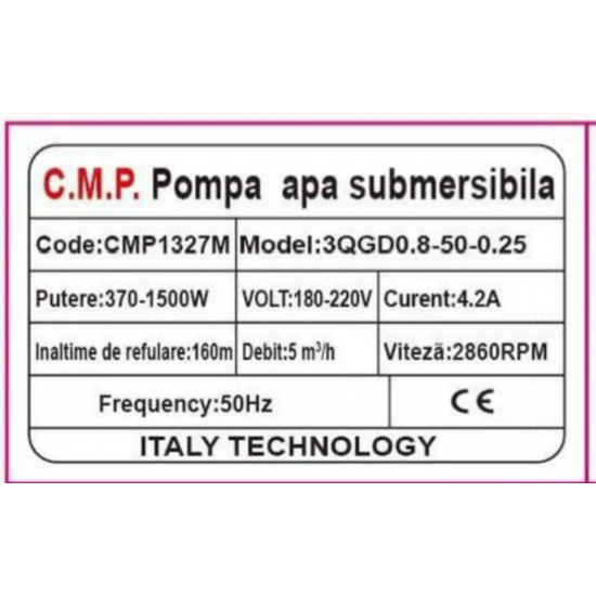 Pompa de apa submersibila Campion 3QGD0.8-50-0.25 Inaltime de refulare 160 m, debit 5 m³/h, putere 1500 W