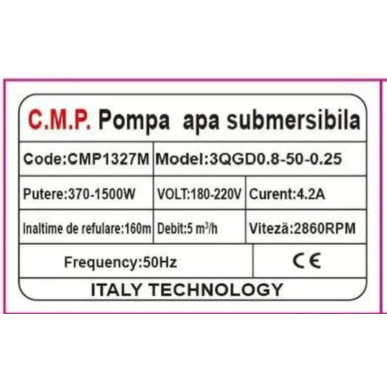Pompa de apa submersibila Campion 3QGD0.8-50-0.25 Inaltime de refulare 160 m, debit 5 m³/h, putere 1500 W