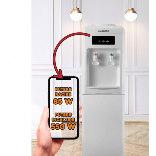 Dozator apa de podea HAUSBERG HB-6024AB, putere incalzire 550 W, putere racire 85 W, rezervor apa inox, termostat automat, Alb