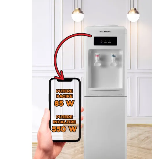 Dozator apa de podea HAUSBERG HB-6024AB, putere incalzire 550 W, putere racire 85 W, rezervor apa inox, termostat automat, Alb