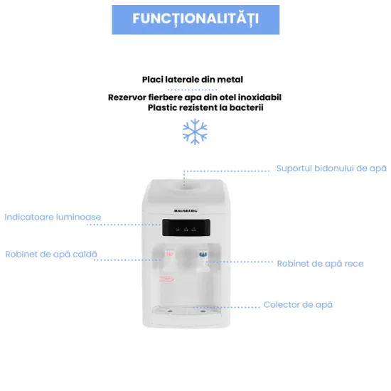 Dozator apa Hausberg HB-6026AB, putere incalzire 550 W, putere racire 80 W, indicatoare LED pentru apa calda si rece, termostat automat, Alb