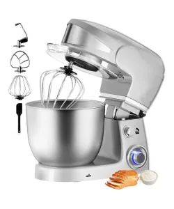 Mixer planetar Royalty Line RL-PKM1600, 1600W, Bol 6L Inox, 6 Viteze + Pulse, Accesorii incluse, Argintiu