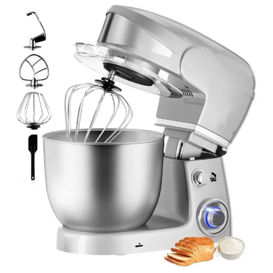 Mixer planetar Royalty Line RL-PKM1600, 1600W, Bol 6L Inox, 6 Viteze + Pulse, Accesorii incluse, Argintiu