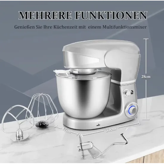 Mixer planetar Royalty Line RL-PKM1600, 1600W, Bol 6L Inox, 6 Viteze + Pulse, Accesorii incluse, Argintiu
