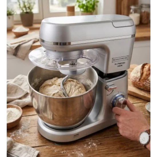 Mixer planetar Royalty Line RL-PKM1600, 1600W, Bol 6L Inox, 6 Viteze + Pulse, Accesorii incluse, Argintiu