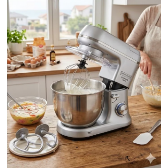 Mixer planetar Royalty Line RL-PKM1600, 1600W, Bol 6L Inox, 6 Viteze + Pulse, Accesorii incluse, Argintiu