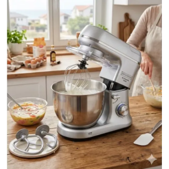 Mixer planetar Royalty Line RL-PKM1600, 1600W, Bol 6L Inox, 6 Viteze + Pulse, Accesorii incluse, Argintiu