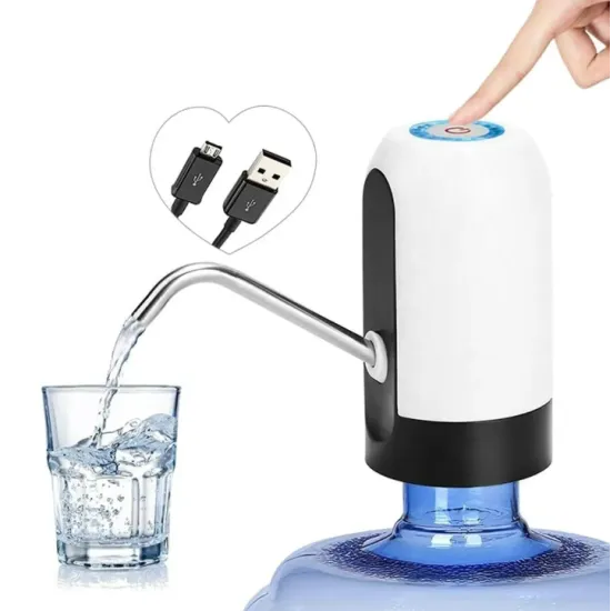 Dispozitiv electric reincarcabil de pompare apa, HAUSBERG HB-2605, din otel inoxidabil si plastic, pentru sticle PET de 10l, buton on/off, baterie incorporata, USB, alb/negru