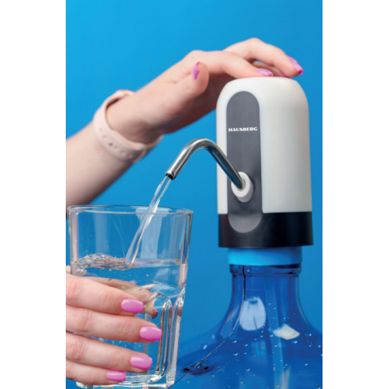 Dispozitiv electric reincarcabil de pompare apa, HAUSBERG HB-2605, din otel inoxidabil si plastic, pentru sticle PET de 10l, buton on/off, baterie incorporata, USB, alb/negru