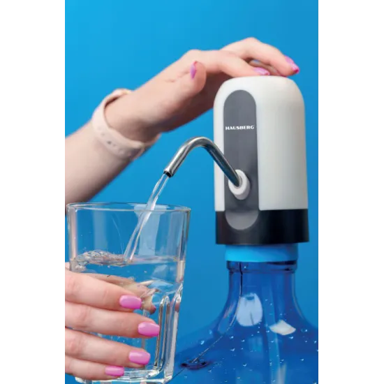 Dispozitiv electric reincarcabil de pompare apa, HAUSBERG HB-2605, din otel inoxidabil si plastic, pentru sticle PET de 10l, buton on/off, baterie incorporata, USB, alb/negru