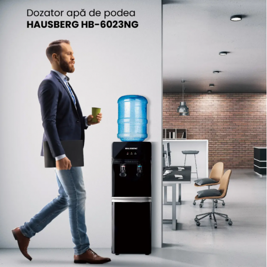 Dozator apa de podea HAUSBERG HB-6023NG, putere incalzire 550 W, putere racire 85 W, rezervor apa inox, indicator luminos, termostat reglabil, Negru