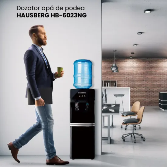 Dozator apa de podea HAUSBERG HB-6023NG, putere incalzire 550 W, putere racire 85 W, rezervor apa inox, indicator luminos, termostat reglabil, Negru