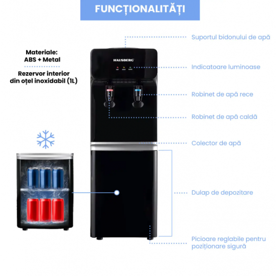 Dozator apa de podea HAUSBERG HB-6023NG, putere incalzire 550 W, putere racire 85 W, rezervor apa inox, indicator luminos, termostat reglabil, Negru