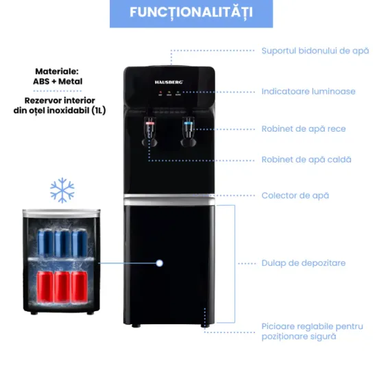 Dozator apa de podea HAUSBERG HB-6023NG, putere incalzire 550 W, putere racire 85 W, rezervor apa inox, indicator luminos, termostat reglabil, Negru