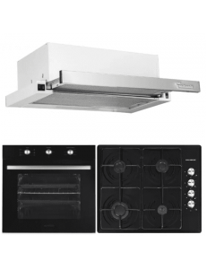 Pachet cuptor incorporabil Hausberg HB-8053NG, Electric, 2225 W, 71 l, 6 Functii, Ventilatie, Timer, Clasa A, Plita HB-558NG, Gaz, 4 arzatoare standard, Hota telescopica HB-1285IN, absorbtie 420 m3/h, 2 motoare, 60 cm, Negru