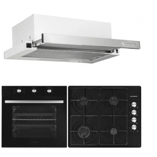 Pachet cuptor incorporabil Hausberg HB-8053NG, Electric, 2225 W, 71 l, 6 Functii, Ventilatie, Timer, Clasa A, Plita HB-558NG, Gaz, 4 arzatoare standard, Hota telescopica HB-1285IN, absorbtie 420 m3/h, 2 motoare, 60 cm, Negru