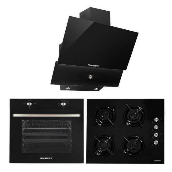 Pachet Incorporabil Cuptor electric Hausberg HB-8051NG, Clasa A, 76L, 2000W, Negru, Plita incorporabila Hausberg HB-563, Gaz, 4 arzatoare, Negru, Hota Incorporabila decorativa Hausberg HB-2285NG, 60 cm, Filtru aluminiu, Negru