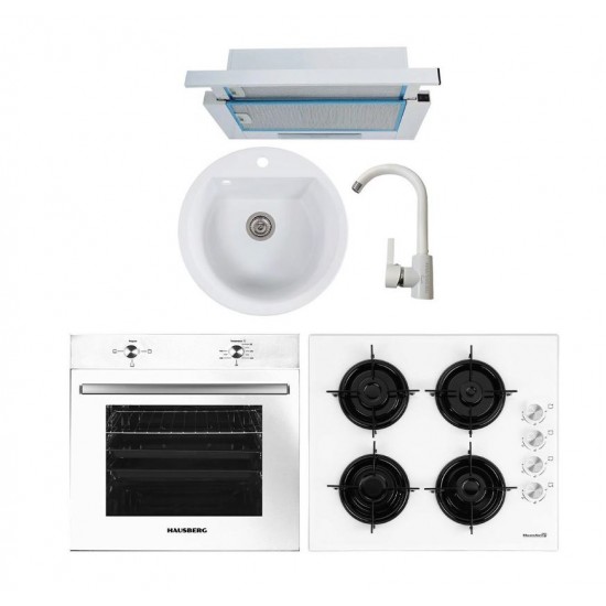 Pachet incorporabil Hausberg cuptor electric HB-8051AB, 2000 W, 76 l, 4 Functii, plita HB-563, gaz, 4 arzatoare, hota telescopica HB-1280, 280m3/h, 1 motor, 60 cm, Clasa A, chiuveta HBC-9700, compozit, 51 cm, baterie HB-F5002, finisaj mat, Alb-Bej