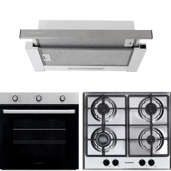 Pachet Cuptor electric Incorporabil Hausberg HB-8053IN, Clasa A, 71L, 2225W, Negru/Inox, Plita incorporabila HB-556IN, Gaz, 4 arzatoare, Gratar din fonta, Hota incorporabila telescopica HB-1285IN, Putere de absorbtie 420 m3/h, 2 motoare, 60 cm, Alb