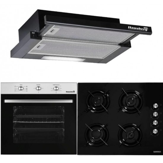 Pachet Incorporabil Cuptor electric Hausberg HB-8053IN, 71L, Negru/Inox, Plita Incorporabila HB-563NG, Gaz, Sticla, Negru, Hota incorporabila telescopica HB-1285NG, 420 m3/h, 2 motoare