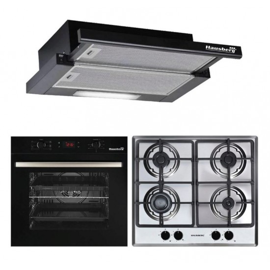 Pachet Incorporabil Cuptor electric Hausberg HB-8054, Clasa A, 71L, 2225W, Negru, Plita Incorporabila HB-555, 4 arzatoare, Gaz, Inox, Hota incorporabila telescopica HB-1285NG, Putere de absorbtie 420 m3/h, 2 motoare, 60 cm, Negru