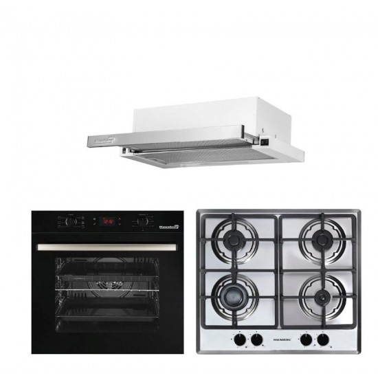 Pachet Incorporabil Cuptor electric Hausberg HB-8054, Clasa A, 71L, 2225W, Negru, Plita Incorporabila HB-555, 4 arzatoare, Gaz, Inox, Hota incorporabila telescopica HB-1285IN, Putere de absorbtie 420 m3/h, 2 motoare, 60 cm, Negru