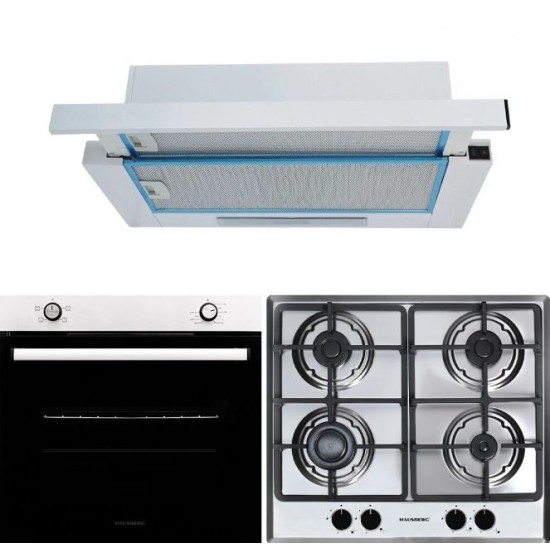 Pachet incorporabil Hausberg Cuptor HB-8051IN, Electric, Putere 2000 W, 76 l, 4 Functii, Plita incorporabila HB-556IN, Gaz, 4 arzatoare, Sistem siguranta GAZ, fonta, Hota telescopica HB-1280, absorbtie 280m3/h, 1 motor, 60 cm Inox-Alb