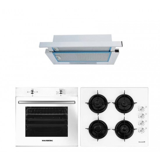 Pachet incorporabil Hausberg cuptor electric HB-8051AB, 2000 W, 76 l, 4 Functii, plita HB-563, gaz, 4 arzatoare, hota telescopica HB-1280, absorbtie 280m3/h, 1 motor, 60 cm, Clasa A, Alb