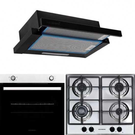 Pachet incorporabil HAUSBERG Cuptor HB-8051IN, Electric, Putere 2000 W, 76 l, 4 Functii, Plita incorporabila HB-556IN, Gaz, 4 arzatoare, Sistem siguranta GAZ, fonta, Inox, Hota telescopica HB-1285NG, absorbtie 420 m3/h, 2 motoare, 60 cm, Inox-Negru