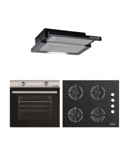 Pachet incorporabil Hausberg cuptor HB-8051IN, electric, 2000 W, 76 l, 4 functii, plita HB-567NG, aprindere electrica, gaz, 4 arzatoare, sistem de siguranta, din fonta, sticla, hota telescopica HB-1285NG, 420 m3/h, 2 motoare, 60 cm, Clasa A, Negru