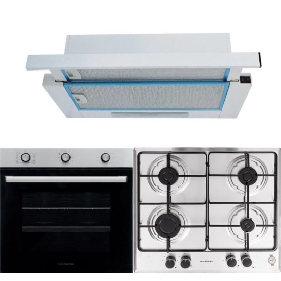 Pachet incorporabil Cuptor electric Hausberg HB-8053IN, Clasa A, 71L, 2225W, Negru/Inox, Plita Incorporabila HB-555, 4 arzatoare, Gaz, Inox, Hota incorporabila telescopica HB-1280, Putere de absorbtie 280 m3/h, 1 motor, 60 cm, Alb