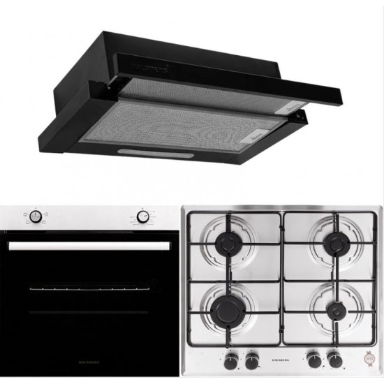Pachet incorporabil Hausberg Cuptor electric HB-8051IN, Clasa A, 76L, 2000W, Negru/Inox Plita Incorporabila HB-555, 4 arzatoare, Gaz, Inox, Hota incorporabila telescopica HB-1285NG, Putere de absorbtie 420 m3/h, 2 motoare, 60 cm, Negru