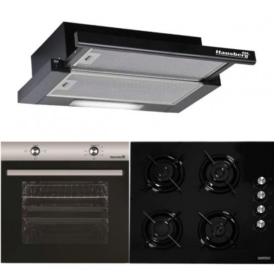 Pachet Incorporabil Hausberg Cuptor electric HB-8051IN, Clasa A, 76L, 2000W, Negru/Inox, Plita Incorporabila HB-563NG, 4 arzatoare, Gaz, Sticla, Negru, Hota incorporabila telescopica HB-1285NG, Putere de absorbtie 420 m3/h, 2 motoare