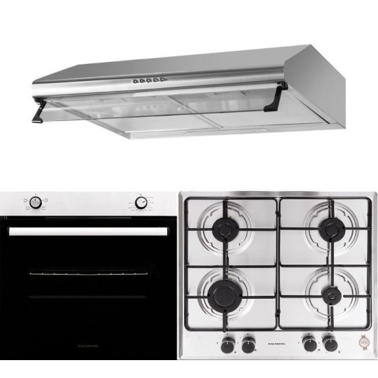 Pachet incorporabil Cuptor electric Hausberg HB-8051IN, Clasa A, 76L, 2000W, Negru/Inox, Plita Incorporabila HB-555, 4 arzatoare, Gaz, Inox, Hota incorporabila decorativa HB-1220, Putere de absorbtie 450 m3/h, 2 motoare, 60 cm, Inox