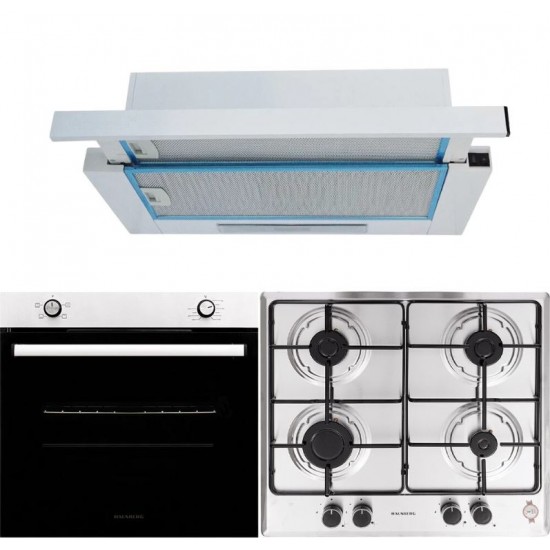Pachet incorporabil Cuptor electric Hausberg HB-8051IN, Clasa A, 76L, 2000W, Negru/Inox Plita Incorporabila HB-555, 4 arzatoare, Gaz, Inox Hota incorporabila telescopica HB-1280, Putere de absorbtie 280 m3/h, 1 motor, 60 cm, Alb