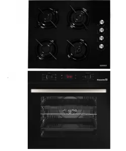 Pachet Incorporabil Cuptor electric Hausberg HB-8054NG, Clasa A, 71L, 2225W, Negru, Plita Incorporabila HB-563NG, 4 arzatoare, Gaz, Sticla, Negru