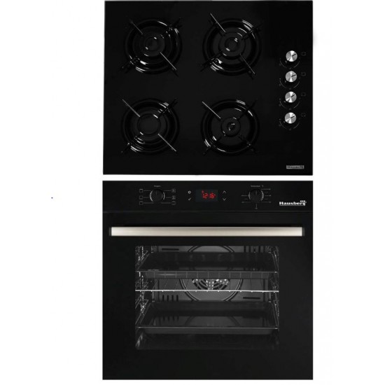 Pachet Incorporabil Cuptor electric Hausberg HB-8054NG, Clasa A, 71L, 2225W, Negru, Plita Incorporabila HB-563NG, 4 arzatoare, Gaz, Sticla, Negru