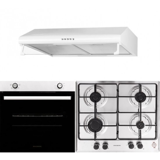 Pachet Cuptor Incorporabil Hausberg HB-8051IN, Electric, 76 l, 4 Functii, Clasa A + Plita Incorporabila Hausberg HB-555, 4 arzatoare, Gaz, Inox + Hota traditionala Hausberg HB-1225, 420 m3/h, 2 motoare, 60 cm, Alb