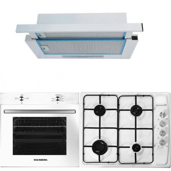 Pachet Incorporabil Cuptor Hausberg HB-8051AB, Electric, Putere 2000 W, 76 l, 4 Functii, Clasa A, Plita incorporabila Hausberg HB-561, Alb, Gaz, 4 arzatoare, Hota incorporabila telescopica Hausberg HB-1280, Putere de absorbtie 280m3/h, 1 motor, 60 cm
