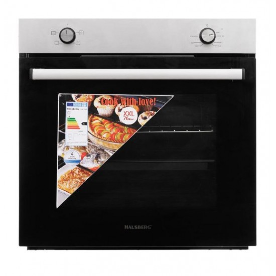 Pachet incorporabil Hausberg cuptor electric HB-8051IN, Putere 2000 W, 76 l, 4 Functii, Plita incorporabila Hausberg HB-556IN, Gaz, 4 arzatoare, Sistem siguranta GAZ, Gratar din fonta, Clasa A, Negru/Inox