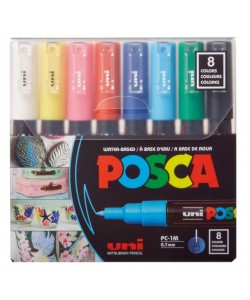 Marker UNI Posca PC-1M, varf rotund, 0.7mm, set 8 culori