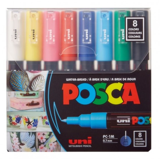 Marker UNI Posca PC-1M, varf rotund, 0.7mm, set 8 culori