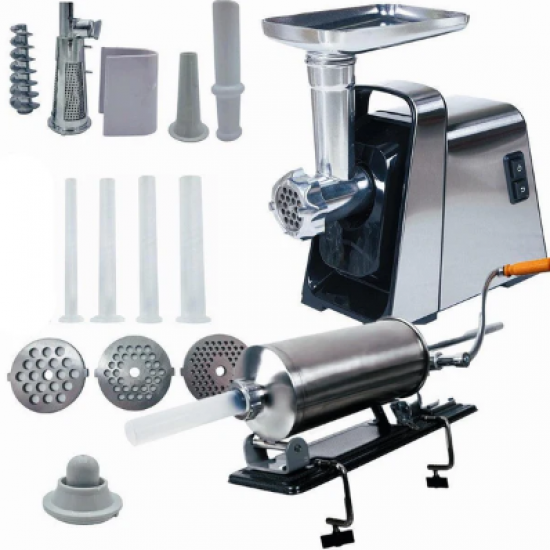 SETUL GOSPODINEI- Masina de tocat carne electrica, Inox, 1400W, 100Kg/Ora + Masina umplut carnati 3kg