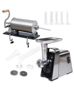 SETUL GOSPODINEI- Masina de tocat carne electrica, Inox, 1400W, 100Kg/Ora + Masina umplut carnati 3kg SETUL GOSPODINEI- Masina de tocat carne electrica, Inox, 1400W, 100Kg/Ora + Masina umplut carnati 3kg