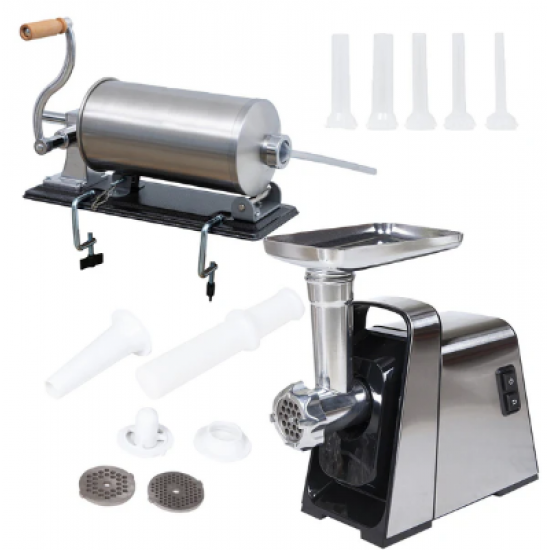 SETUL GOSPODINEI- Masina de tocat carne electrica, Inox, 1400W, 100Kg/Ora + Masina umplut carnati 3kg